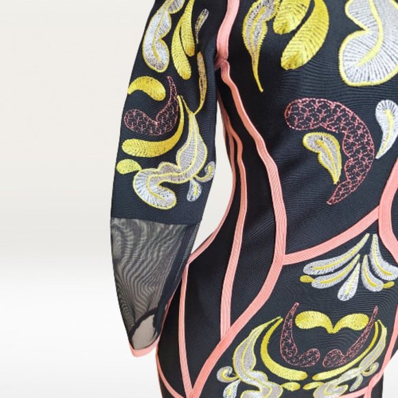 STUNNING HERVE LEGER FIT-AND-FLARE DRESS IN BUTTERFLY & PAISLEY JACQUARD - Picture 4 of 16